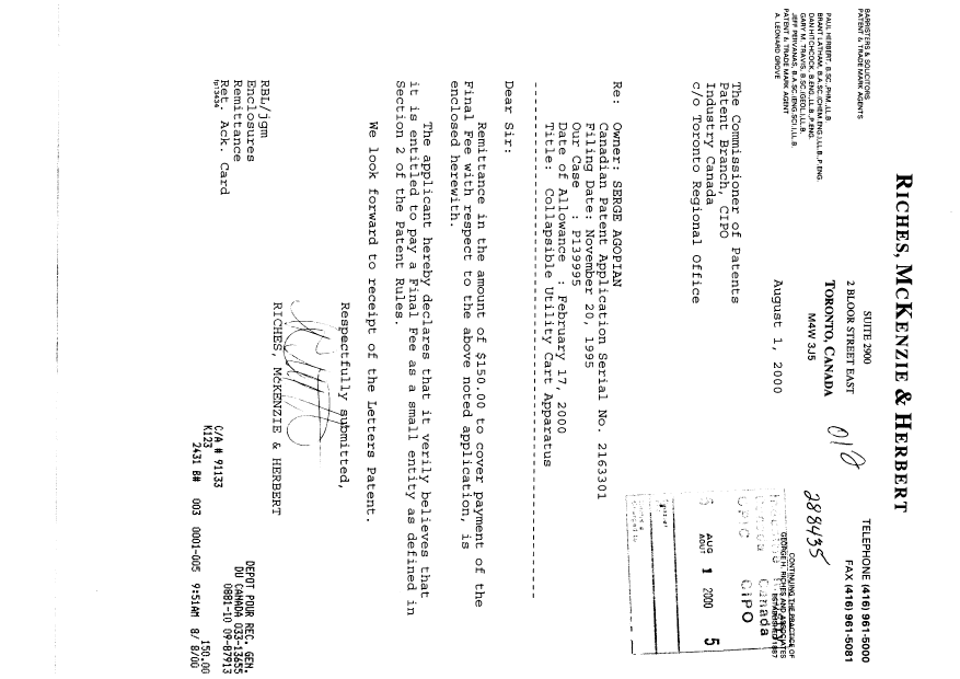 Document de brevet canadien 2163301. Correspondance 20000801. Image 1 de 1