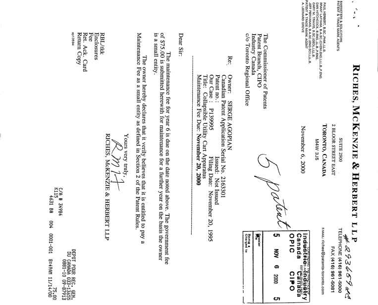 Document de brevet canadien 2163301. Taxes 20001106. Image 1 de 1