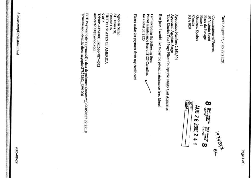 Document de brevet canadien 2163301. Taxes 20050826. Image 1 de 1