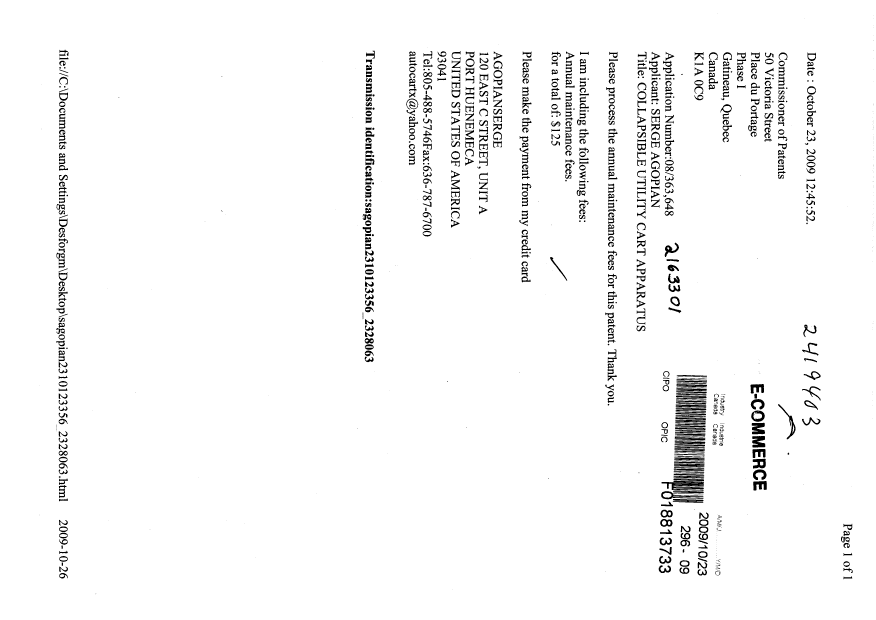Document de brevet canadien 2163301. Taxes 20091023. Image 1 de 1