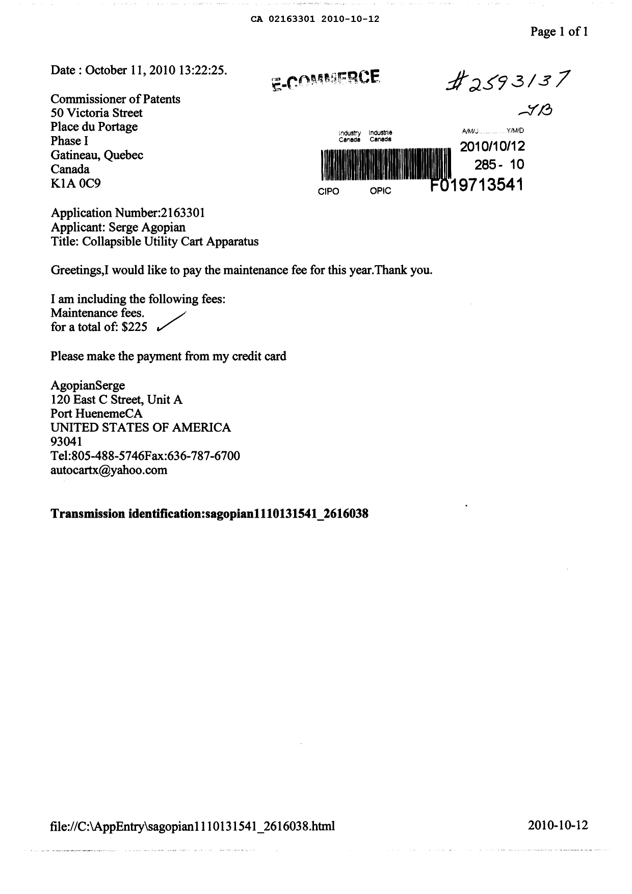 Document de brevet canadien 2163301. Taxes 20101012. Image 1 de 1