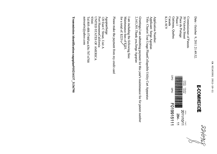 Document de brevet canadien 2163301. Taxes 20111011. Image 1 de 1