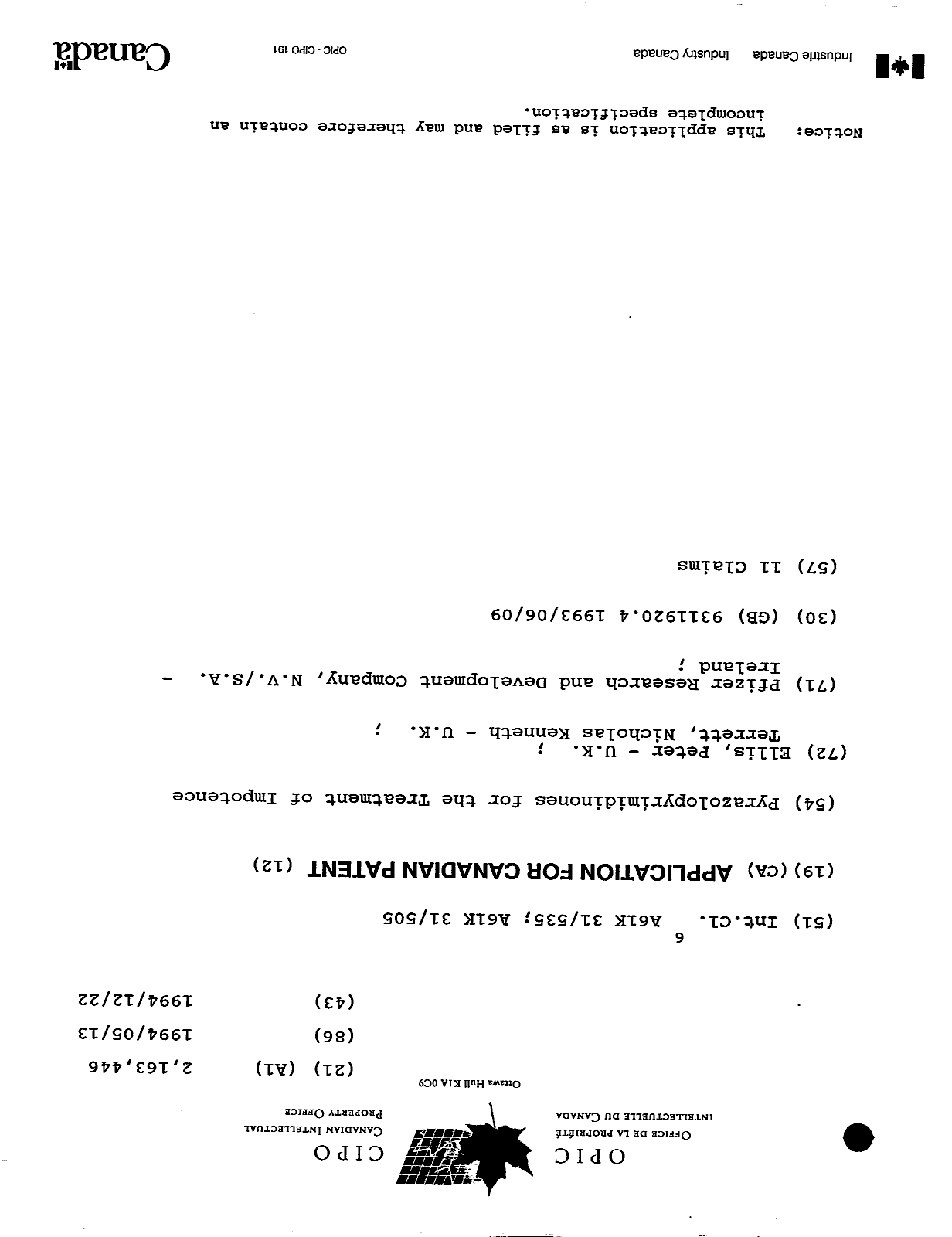 Document de brevet canadien 2163446. Page couverture 19951211. Image 1 de 1