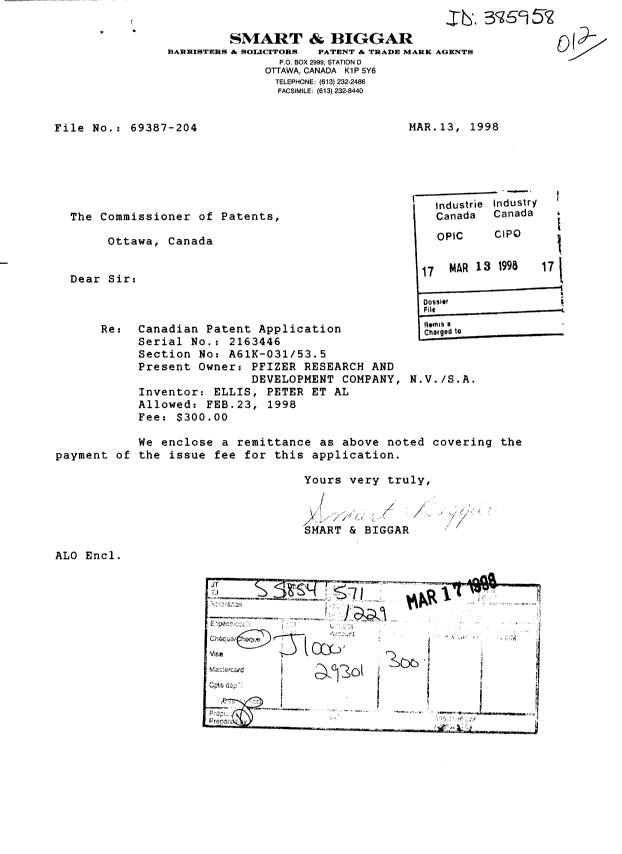 Document de brevet canadien 2163446. Correspondance 19980313. Image 1 de 1