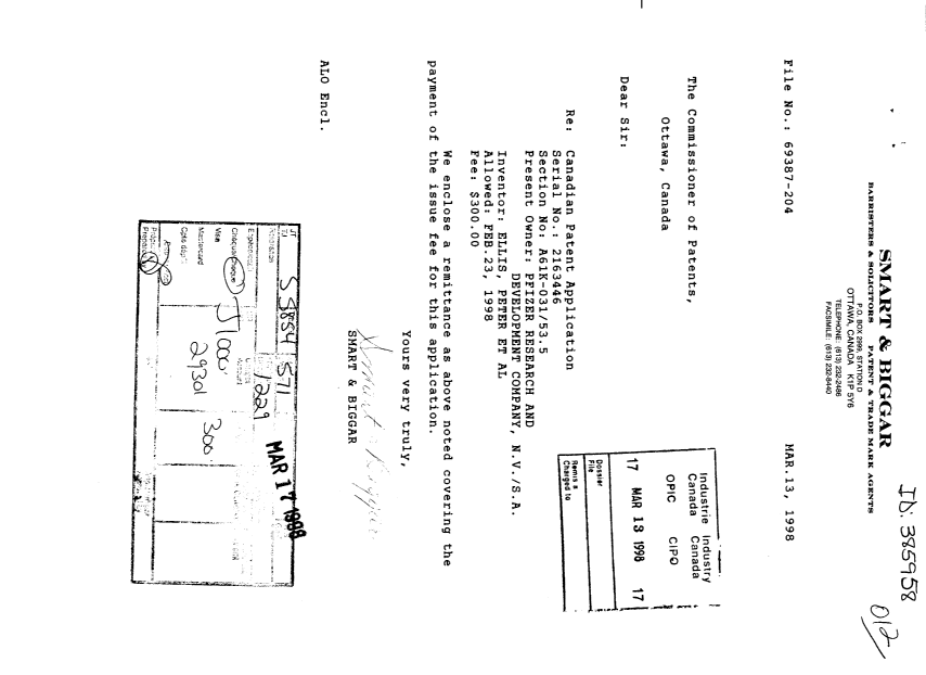 Document de brevet canadien 2163446. Correspondance 19980313. Image 1 de 1