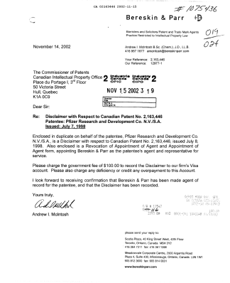 Canadian Patent Document 2163446. Correspondence 20011215. Image 1 of 8