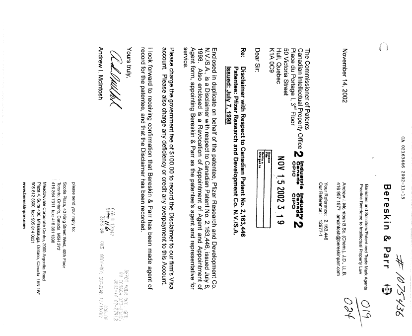 Document de brevet canadien 2163446. Correspondance 20011215. Image 1 de 8