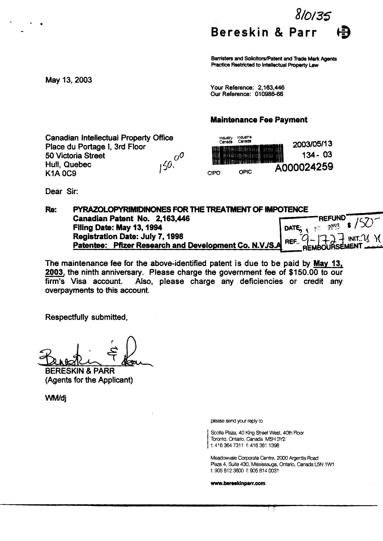 Document de brevet canadien 2163446. Correspondance 20021213. Image 1 de 1