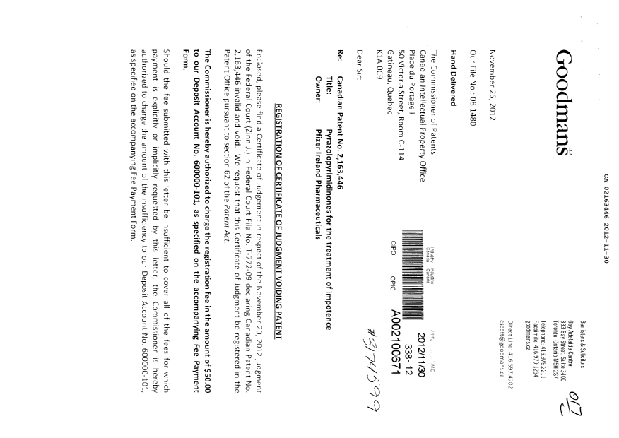 Document de brevet canadien 2163446. Poursuite-Amendment 20121130. Image 1 de 21
