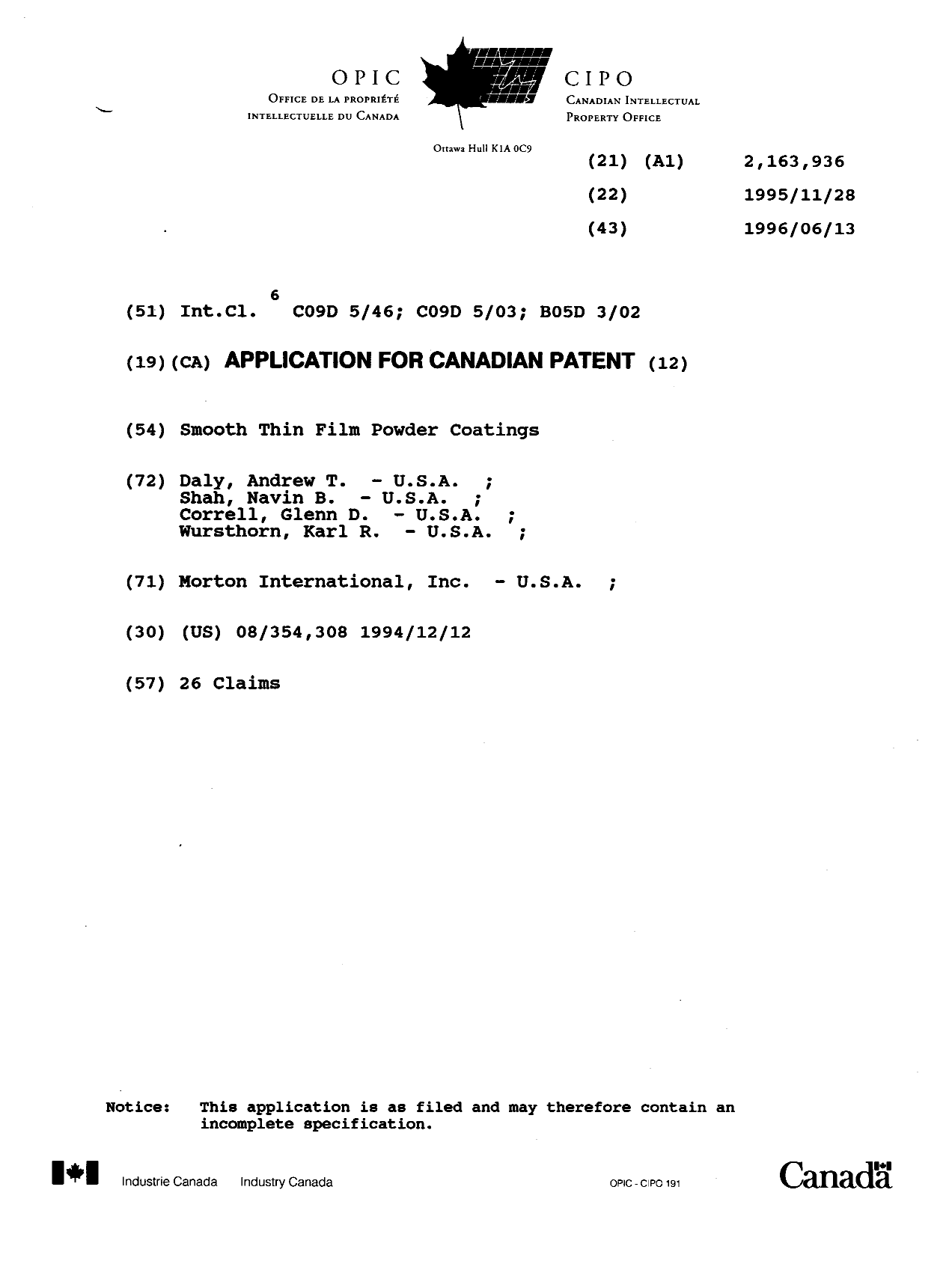 Document de brevet canadien 2163936. Page couverture 19960424. Image 1 de 1