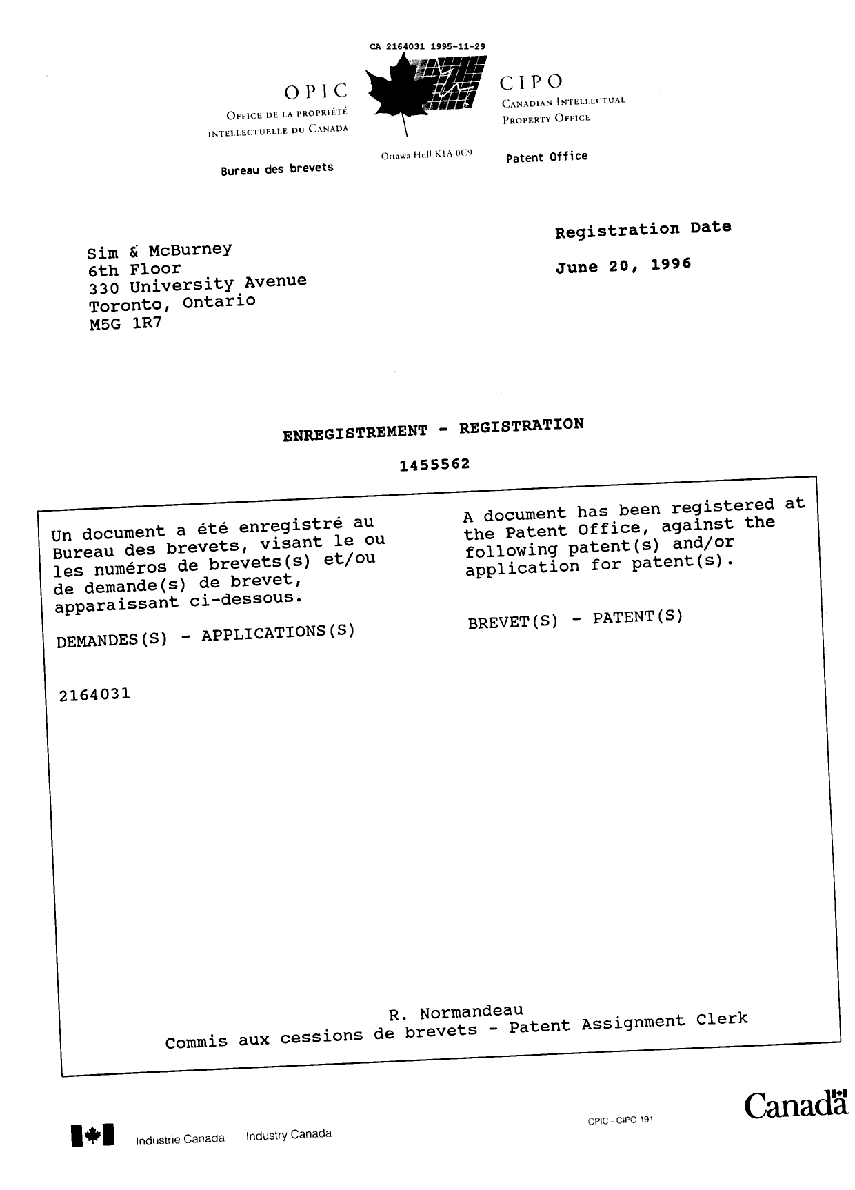 Document de brevet canadien 2164031. Correspondance de la poursuite 19951129. Image 1 de 40