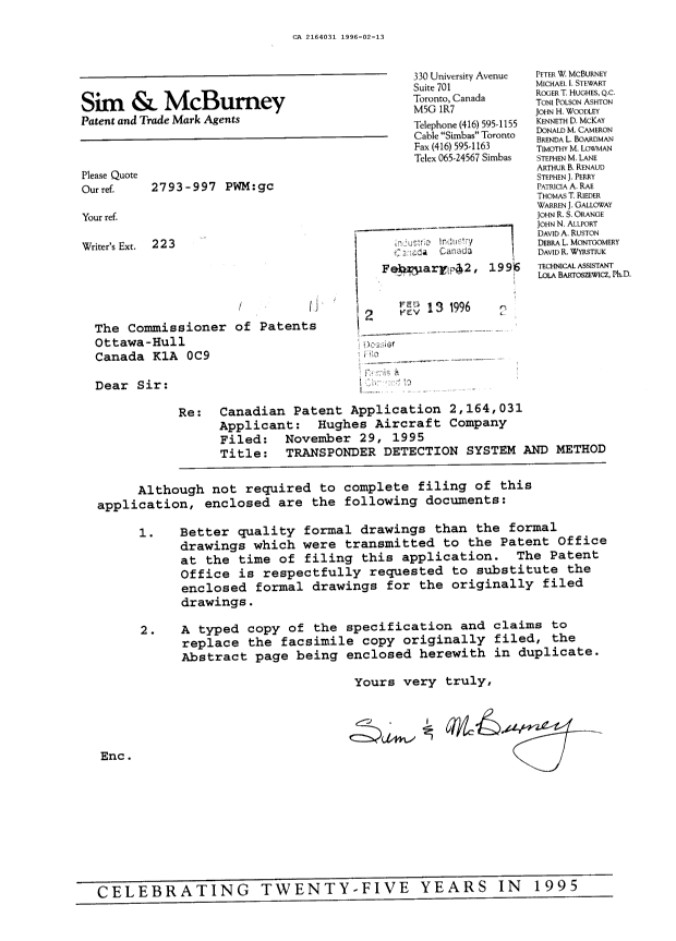 Canadian Patent Document 2164031. Prosecution Correspondence 19960213. Image 1 of 1