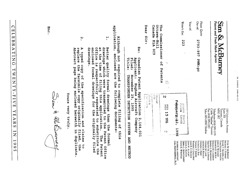 Document de brevet canadien 2164031. Correspondance de la poursuite 19960213. Image 1 de 1
