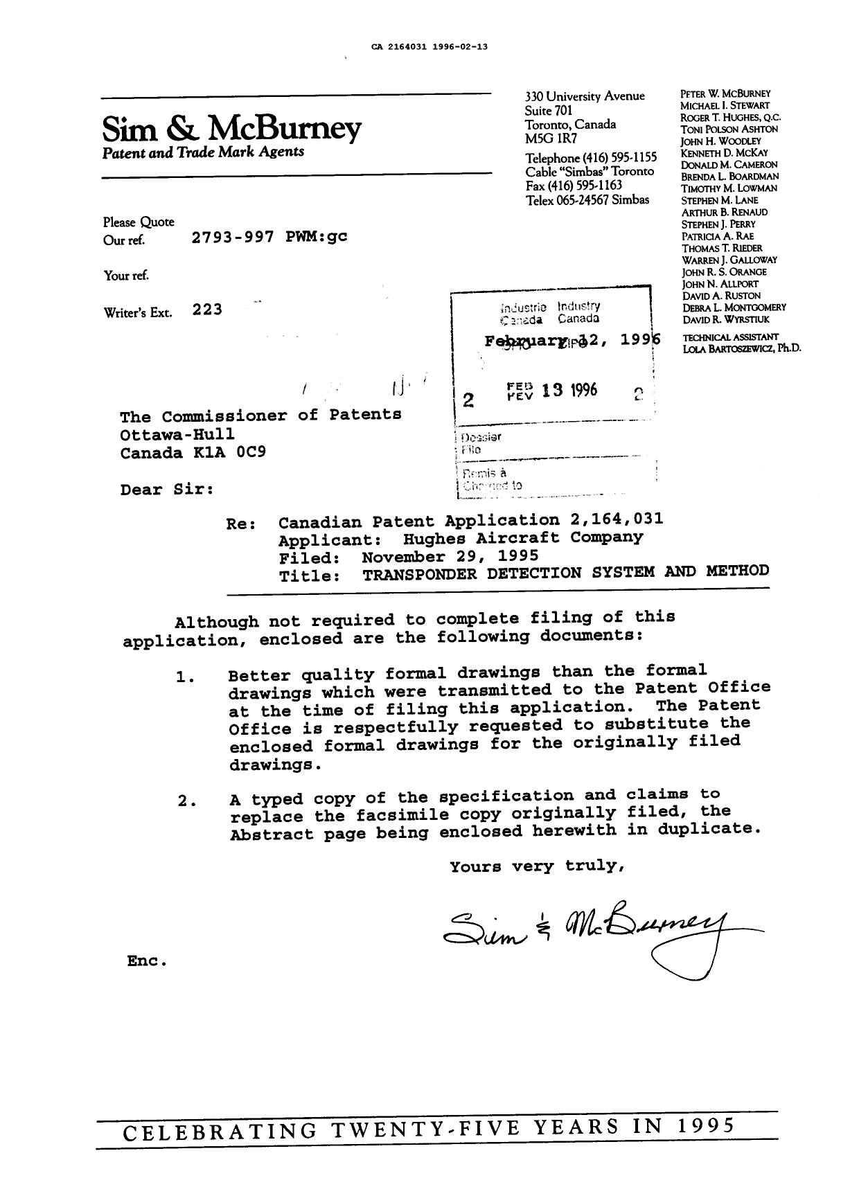 Document de brevet canadien 2164031. Correspondance de la poursuite 19960213. Image 1 de 1