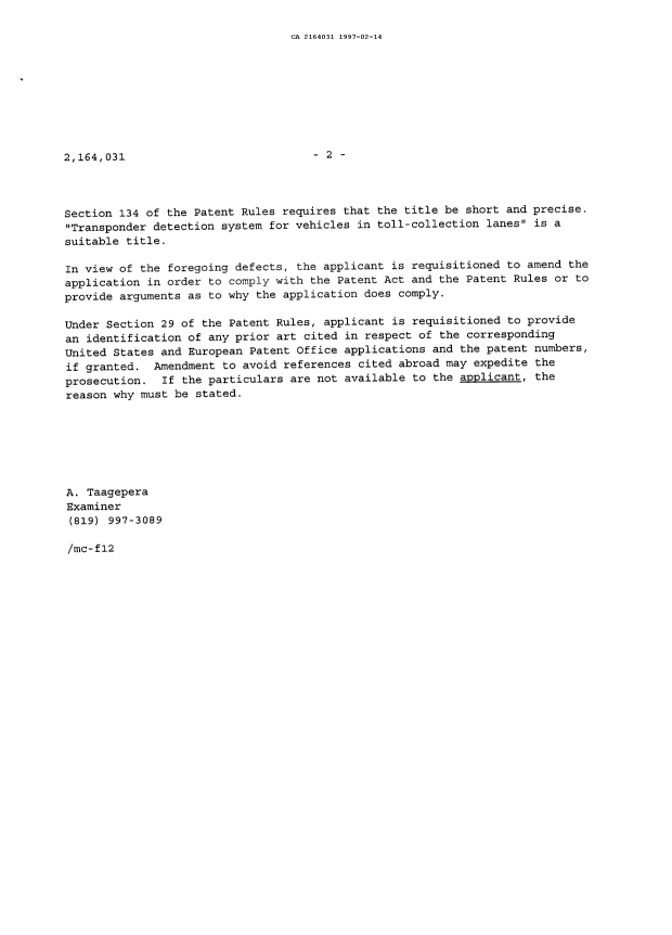 Document de brevet canadien 2164031. Demande d'examen 19970214. Image 2 de 2