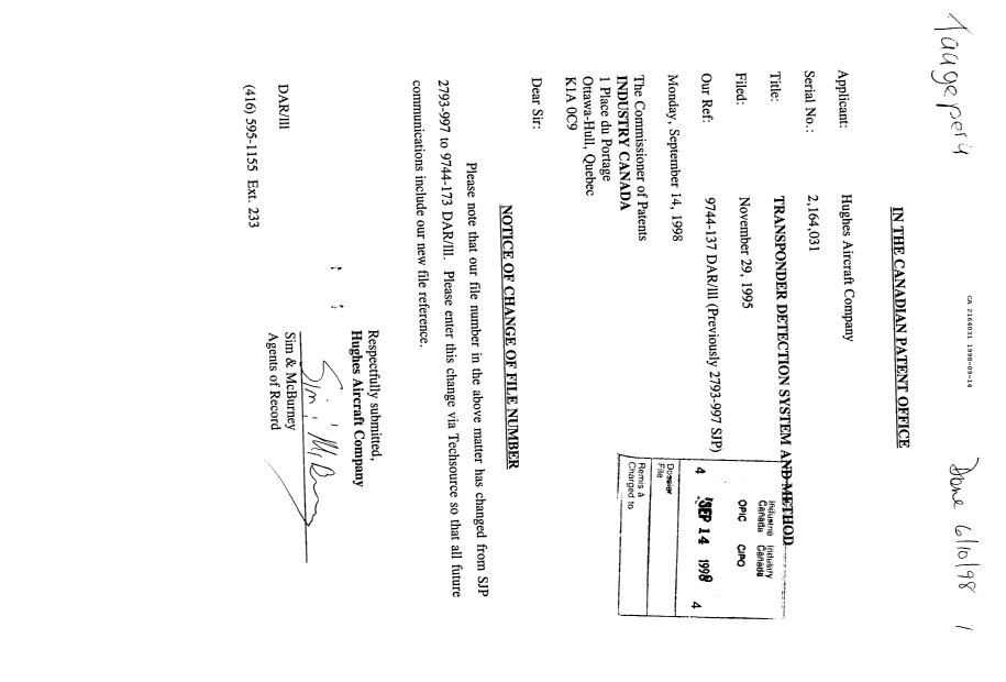 Document de brevet canadien 2164031. Correspondance reliée aux formalités 19980914. Image 1 de 1