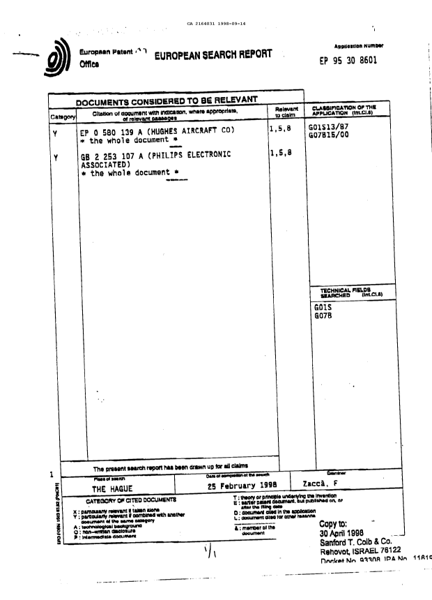 Document de brevet canadien 2164031. Correspondance de la poursuite 19980914. Image 2 de 3