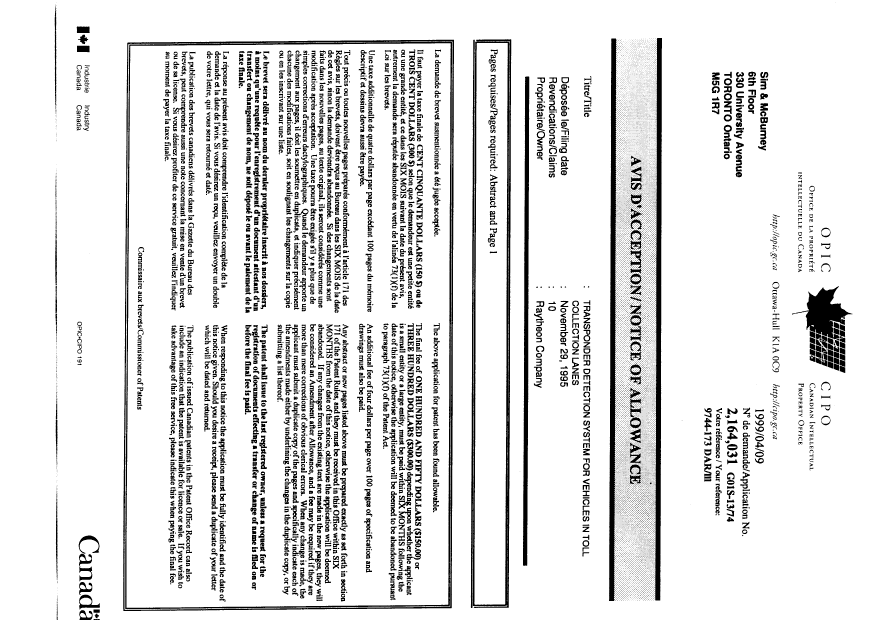 Document de brevet canadien 2164031. Correspondance 19990409. Image 1 de 1