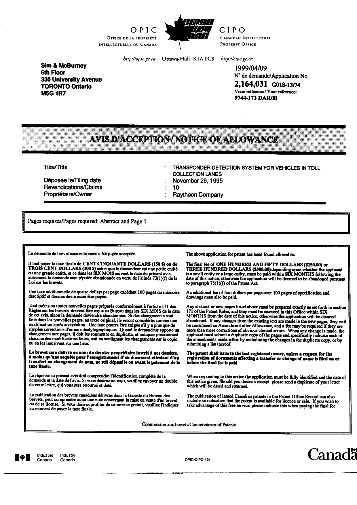 Document de brevet canadien 2164031. Correspondance 19990409. Image 1 de 1