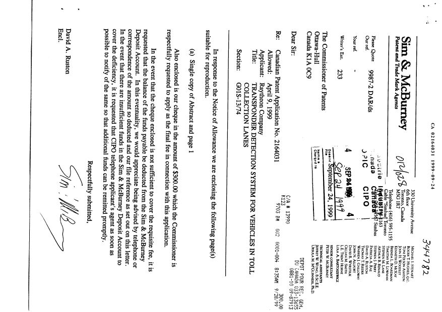 Document de brevet canadien 2164031. Correspondance 19990924. Image 1 de 3