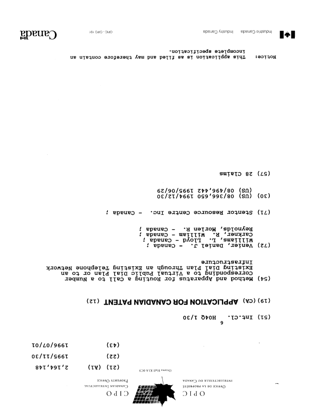 Document de brevet canadien 2164148. Page couverture 19951229. Image 1 de 1