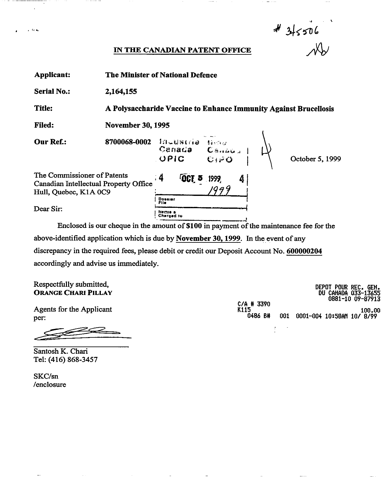 Document de brevet canadien 2164155. Taxes 19991005. Image 1 de 1