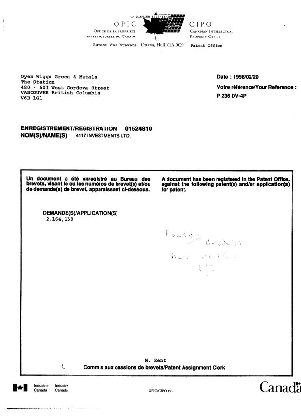 Document de brevet canadien 2164158. Correspondance de la poursuite 19951130. Image 1 de 8