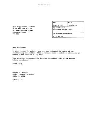 Canadian Patent Document 2164158. Office Letter 19960105. Image 1 of 1