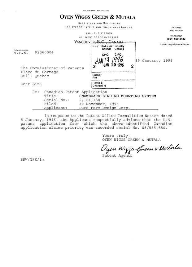 Document de brevet canadien 2164158. Correspondance reliée aux formalités 19960119. Image 1 de 1