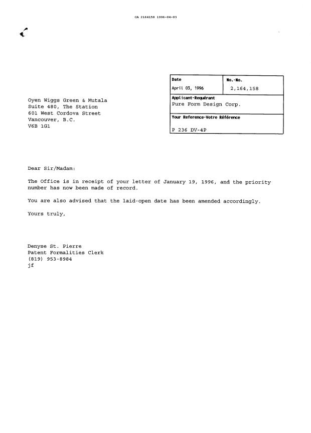 Document de brevet canadien 2164158. Lettre du bureau 19960403. Image 1 de 1