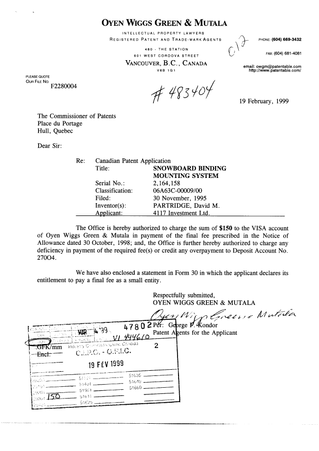 Document de brevet canadien 2164158. Correspondance 19990219. Image 1 de 2