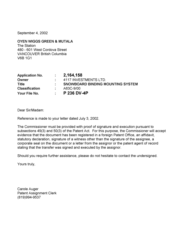 Document de brevet canadien 2164158. Correspondance 20020904. Image 1 de 1