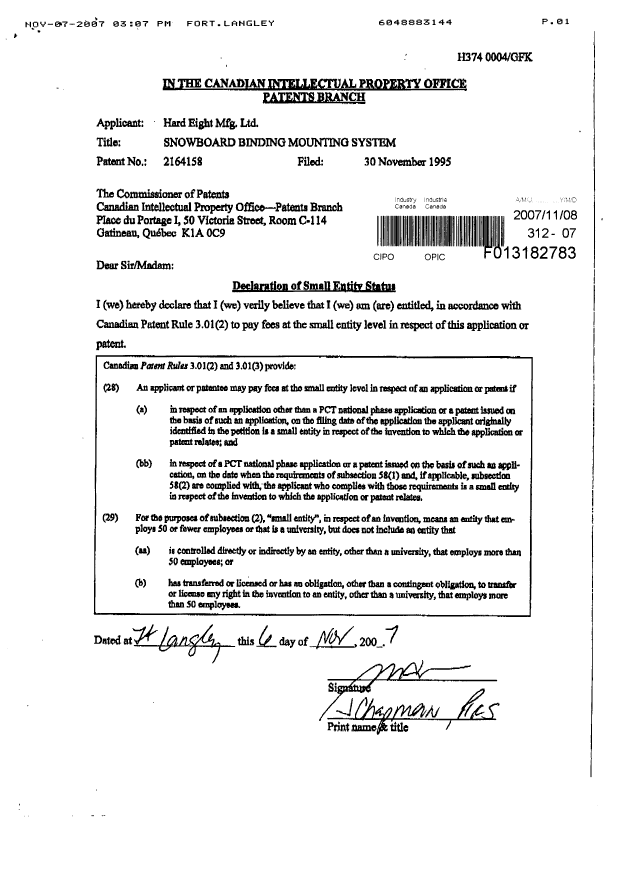 Document de brevet canadien 2164158. Correspondance 20071108. Image 1 de 1