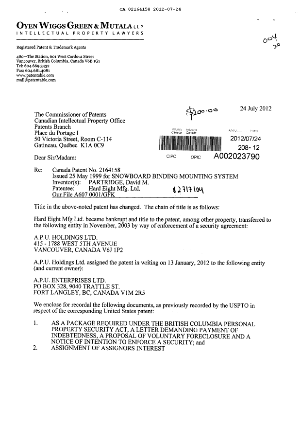 Document de brevet canadien 2164158. Cession 20120724. Image 1 de 13