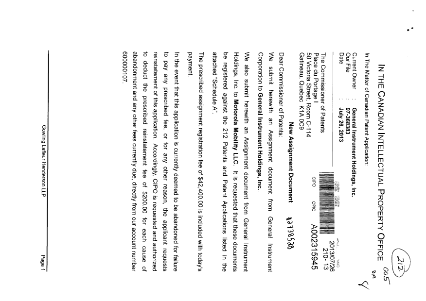 Document de brevet canadien 2164173. Cession 20130726. Image 1 de 27