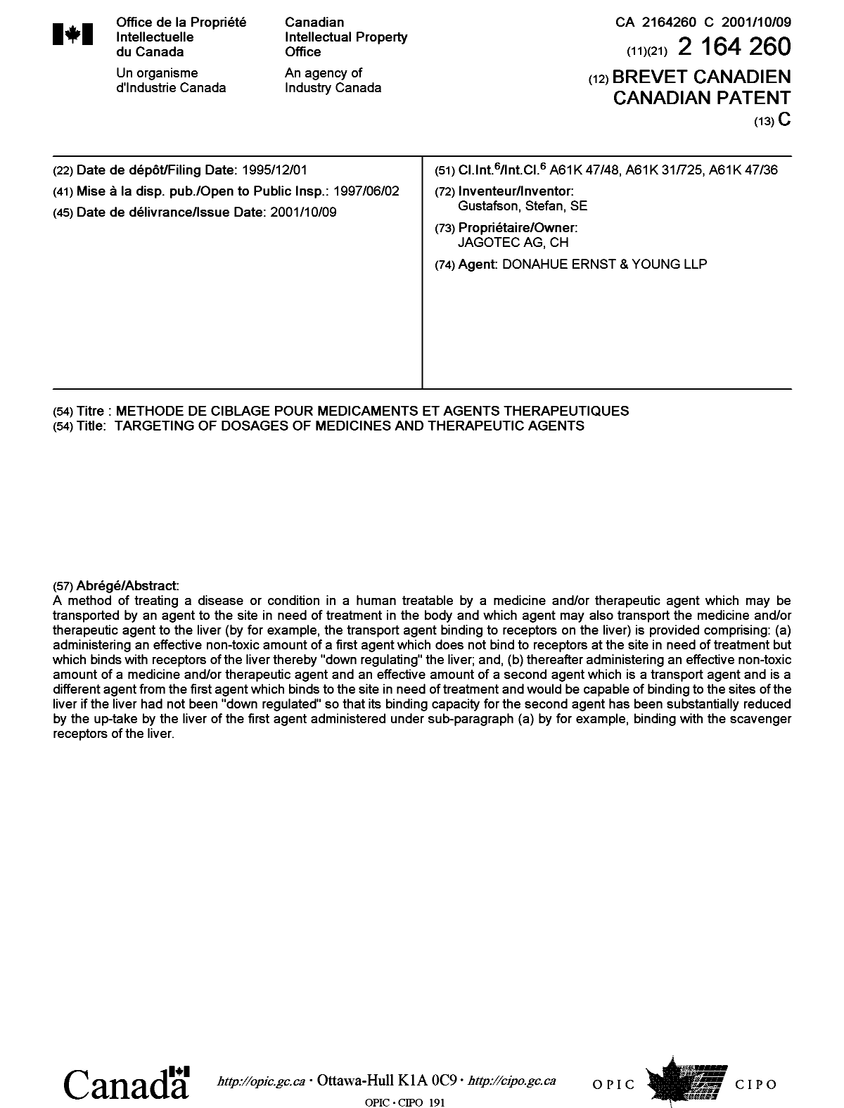 Document de brevet canadien 2164260. Page couverture 20010925. Image 1 de 1