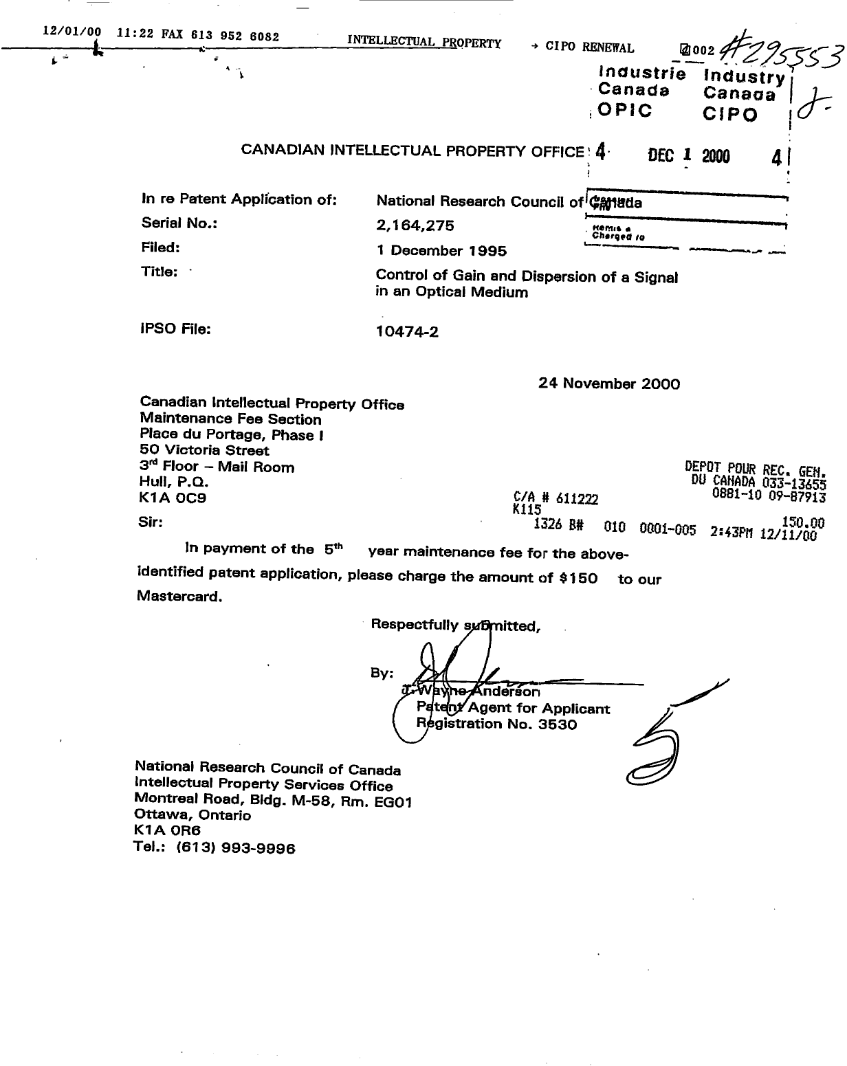 Document de brevet canadien 2164275. Taxes 20001201. Image 1 de 1