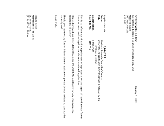 Canadian Patent Document 2164275. Correspondence 20010105. Image 1 of 1