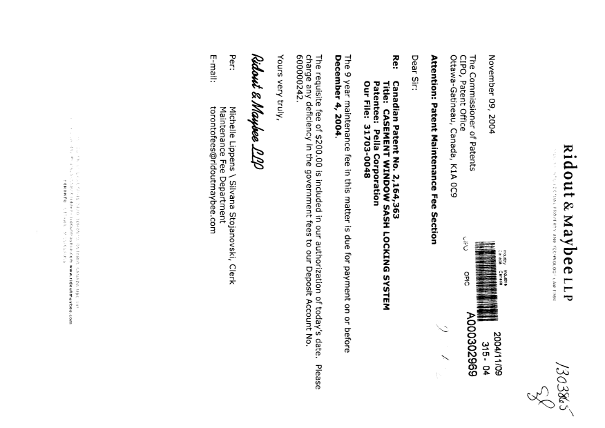 Document de brevet canadien 2164363. Taxes 20041109. Image 1 de 1