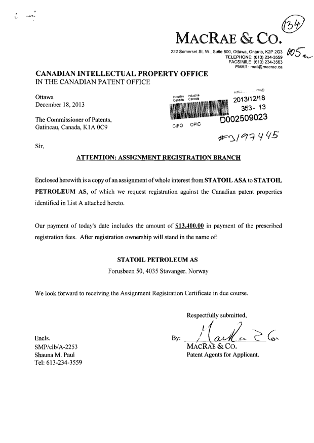 Document de brevet canadien 2164377. Cession 20131218. Image 1 de 47