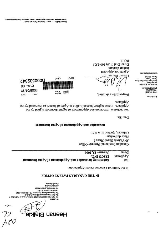 Canadian Patent Document 2164407. Correspondence 20060113. Image 1 of 3