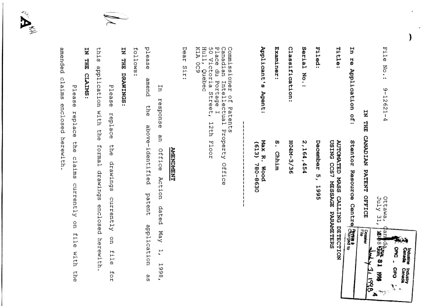 Canadian Patent Document 2164454. Prosecution-Amendment 19980731. Image 1 of 15