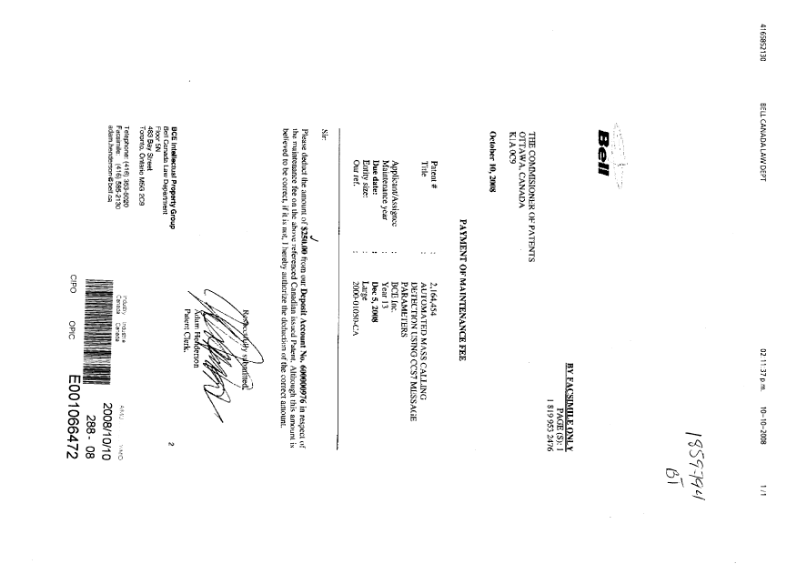 Document de brevet canadien 2164454. Taxes 20081010. Image 1 de 1