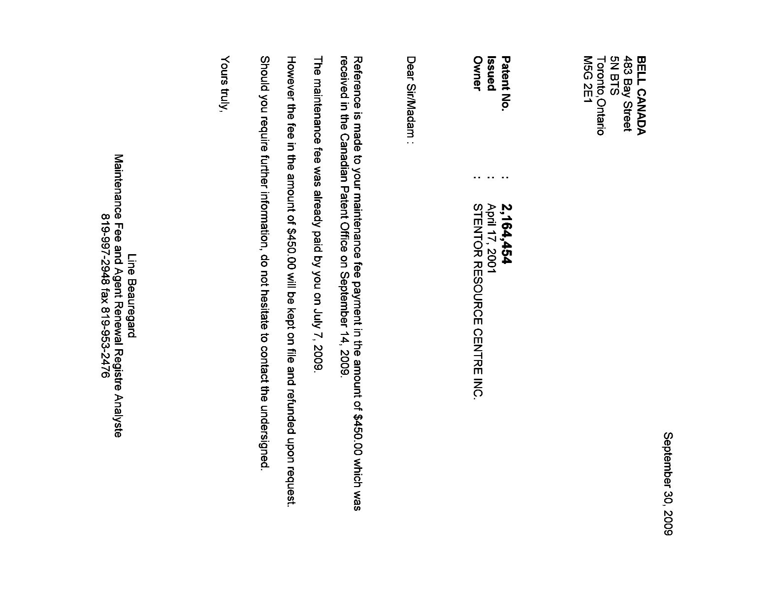Canadian Patent Document 2164454. Correspondence 20090930. Image 1 of 1