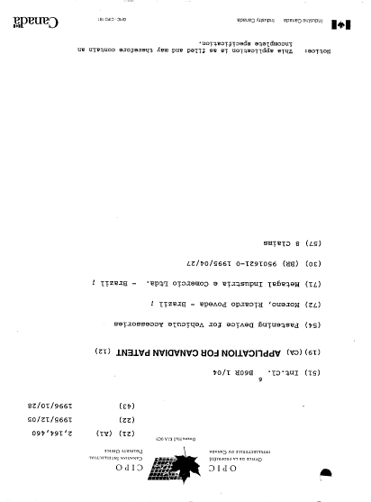 Canadian Patent Document 2164460. Cover Page 19951205. Image 1 of 1