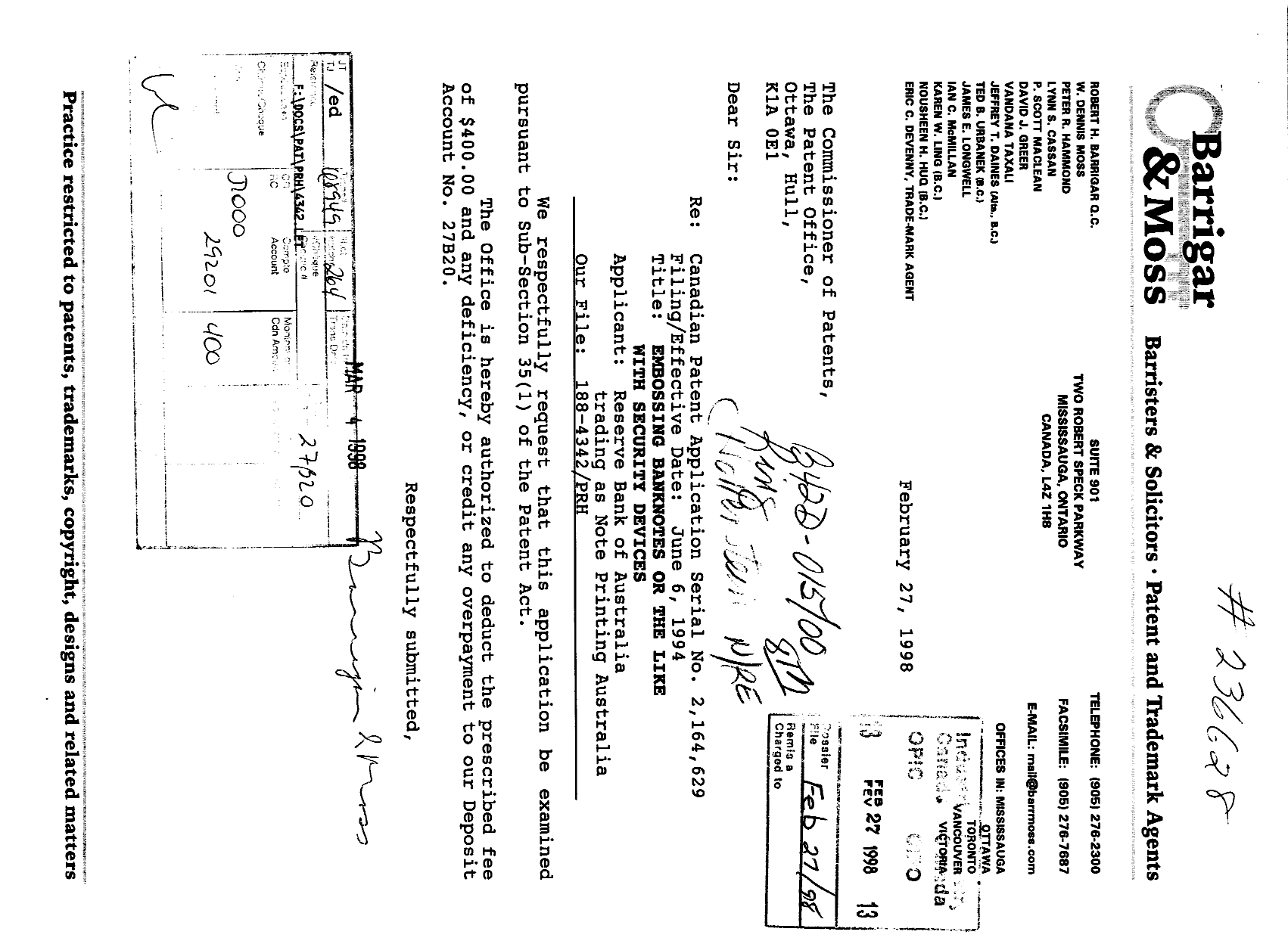Canadian Patent Document 2164629. Prosecution-Amendment 19980227. Image 1 of 1