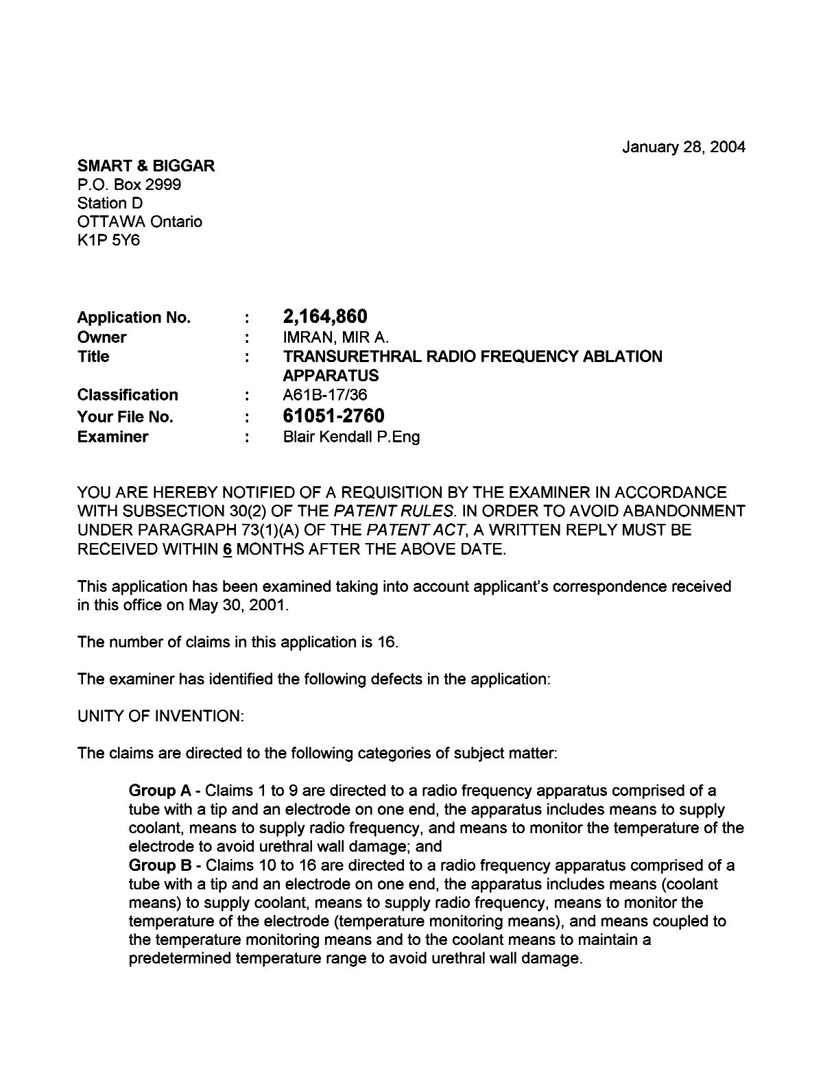 Canadian Patent Document 2164860. Prosecution-Amendment 20040128. Image 1 of 2