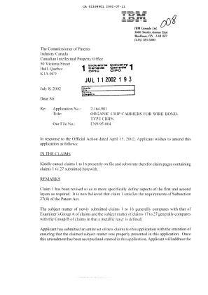 Document de brevet canadien 2164901. Poursuite-Amendment 20020711. Image 1 de 8