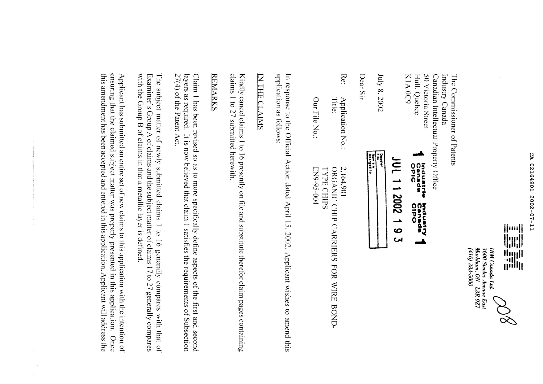 Canadian Patent Document 2164901. Prosecution-Amendment 20020711. Image 1 of 8