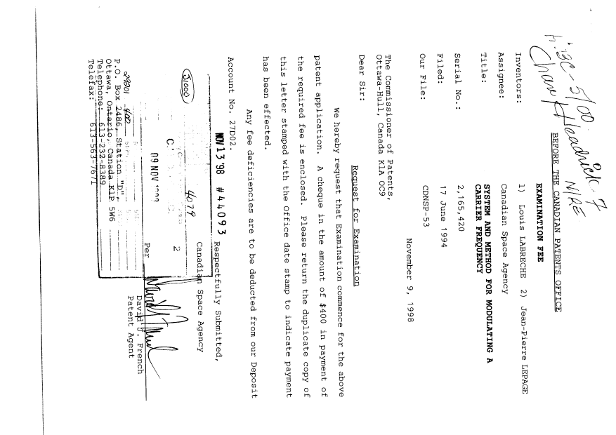 Document de brevet canadien 2165420. Poursuite-Amendment 19981109. Image 1 de 1